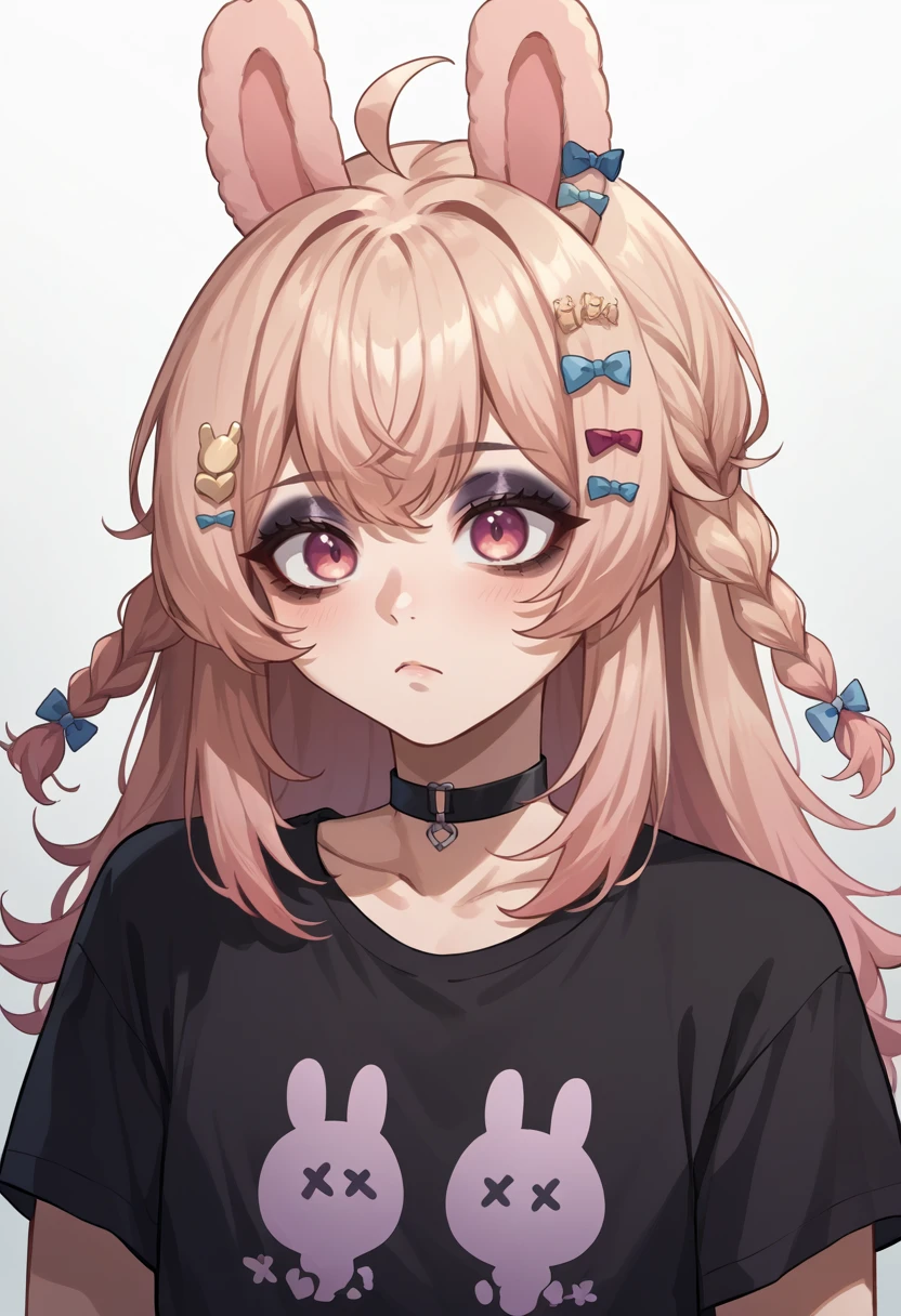 score_9, score_8_up, source_anime, PippaPipkin, long hair, braid, ahoge, hair ornament, hair bow, black shirt, t-shirt, black choker, goth, eyeliner, eyeshadow, <lora:ChamPippaPipkinPonyXL-000008:1>