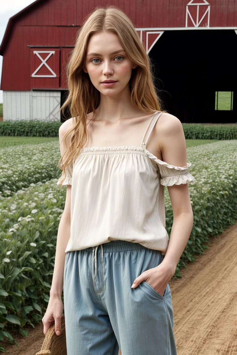 <lora:kawaii7.1.3_obj20:0.75:0.25>, European woman, closeup, sandals, (shirt), pants, (farm with barn), ZM_melissa, wide shoulders, perfect face, (contact iris: 1.1), pale skin, skin pores , depth of field