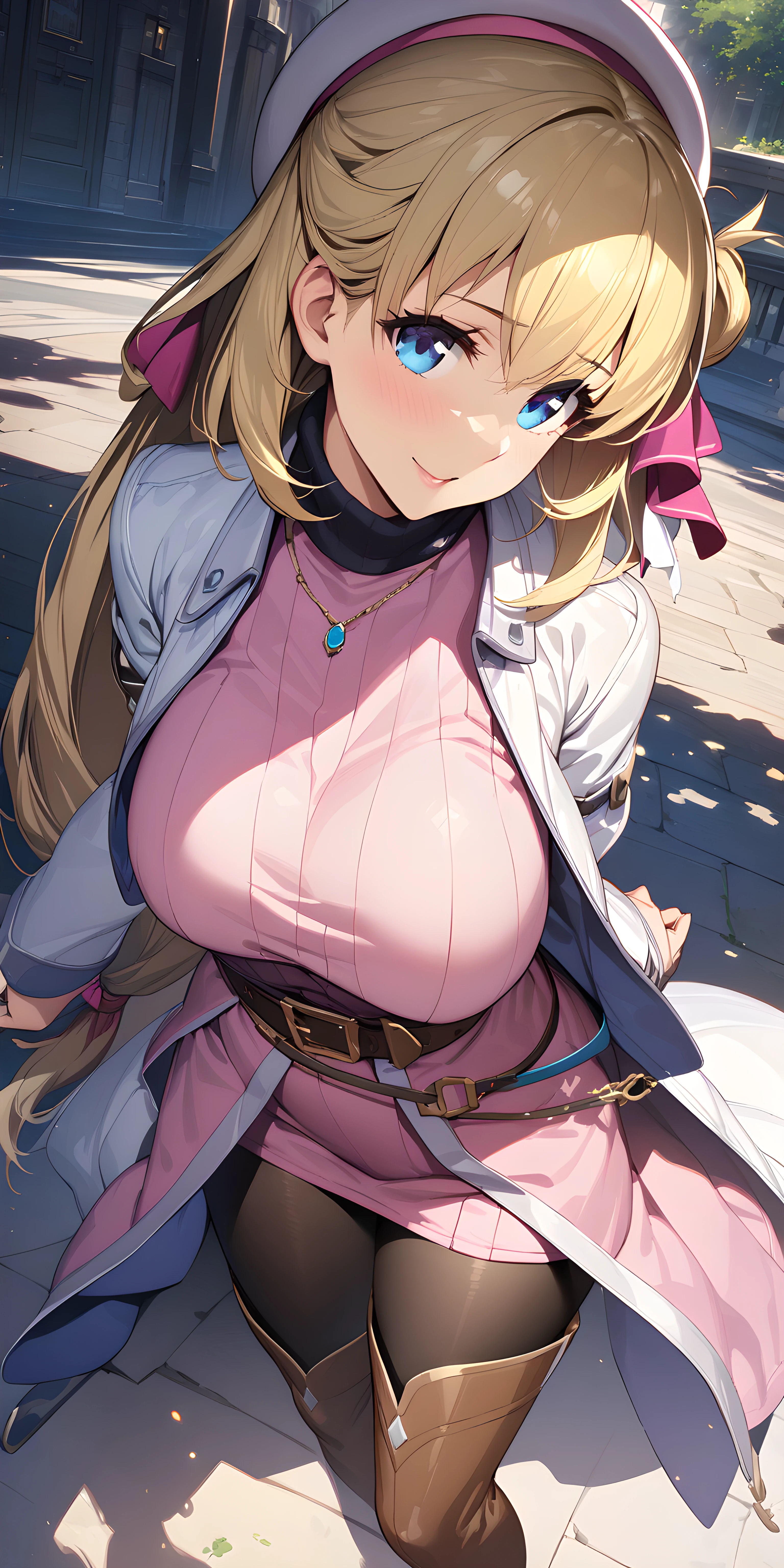 (masterpiece),(best quality),(ultra-detailed),(best illustration),(best shadow),(absurdres),(detailed background),(very aesthetic),agnes claudel, blonde hair, long hair, low-tied long hair, hair ribbon, blue eyes, large breasts, beret, white coat, pink turtleneck dress, necklace, belt, pink skirt, pantyhose, brown boots, thigh boots, <lora:XL-AgnesClaudelv1:1>