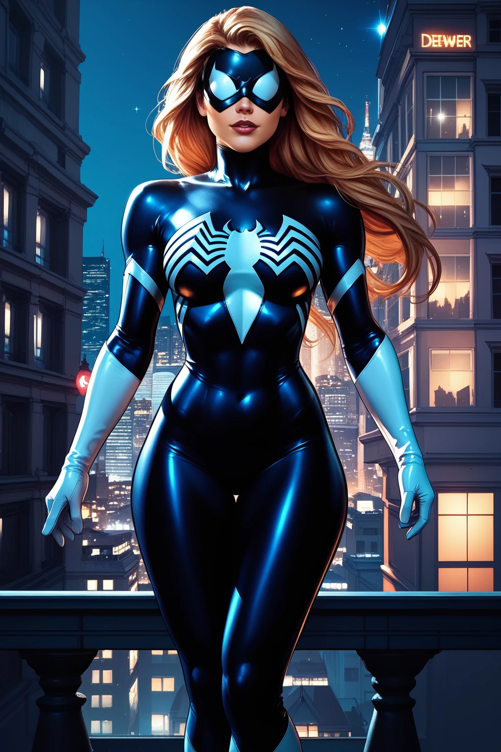 score_9, score_8_up, score_7_up, masterpiece, high quality,
 <lora:Spider WomanPonyLora:1> spderwman, long hair, bodysuit, skin tight, mask, standing on the edge of a high building, city lights in background