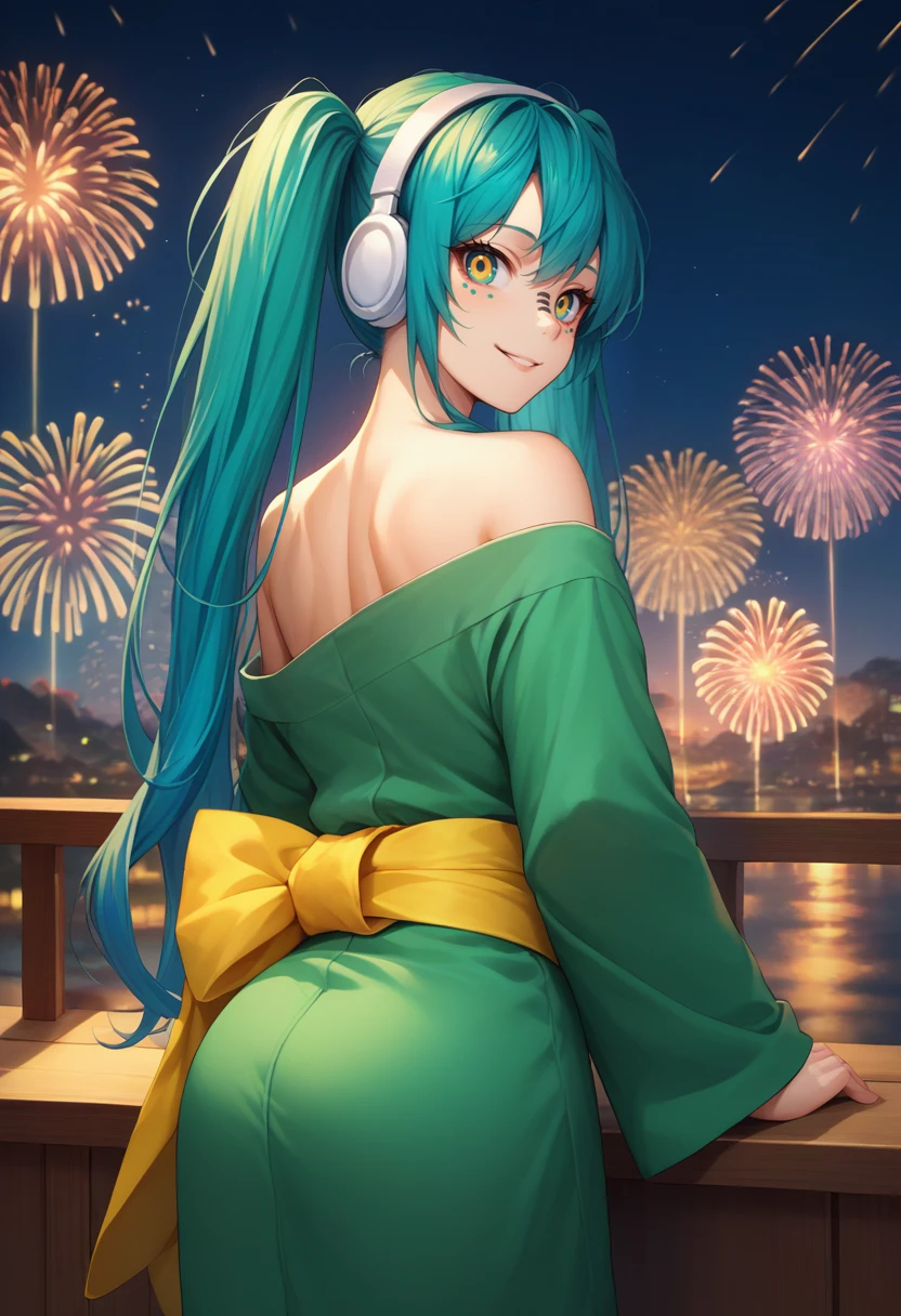 score_9, score_8_up, score_7_up, source_anime, from behind, solo, 1girl, matroyshkamiku, smile, looking back, twintails, headphones, multicolored eyes, green kimono, off shoulder, yellow sash, bare shoulders, fireworks <lora:vocaloid_matryoshkamiku_ponyXL:1>