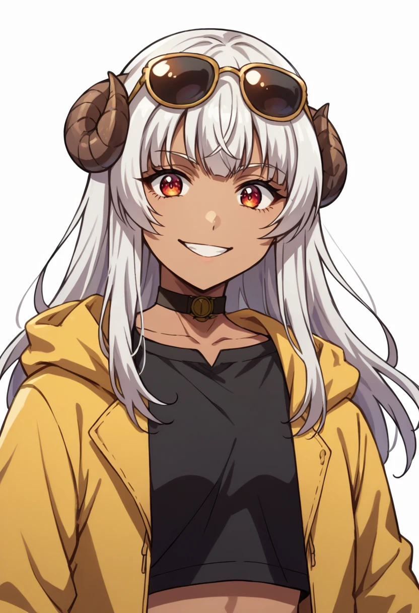 score_9, score_8_up, source_anime, Felm, white hair, long hair, dark skin, black shirt, upper body, eyewear on head, sunglasses, grey pants, midriff, yellow jacket, black choker, smile, simple background, white background, <lora:ChamFelmPonyXL-000007:1.0>
