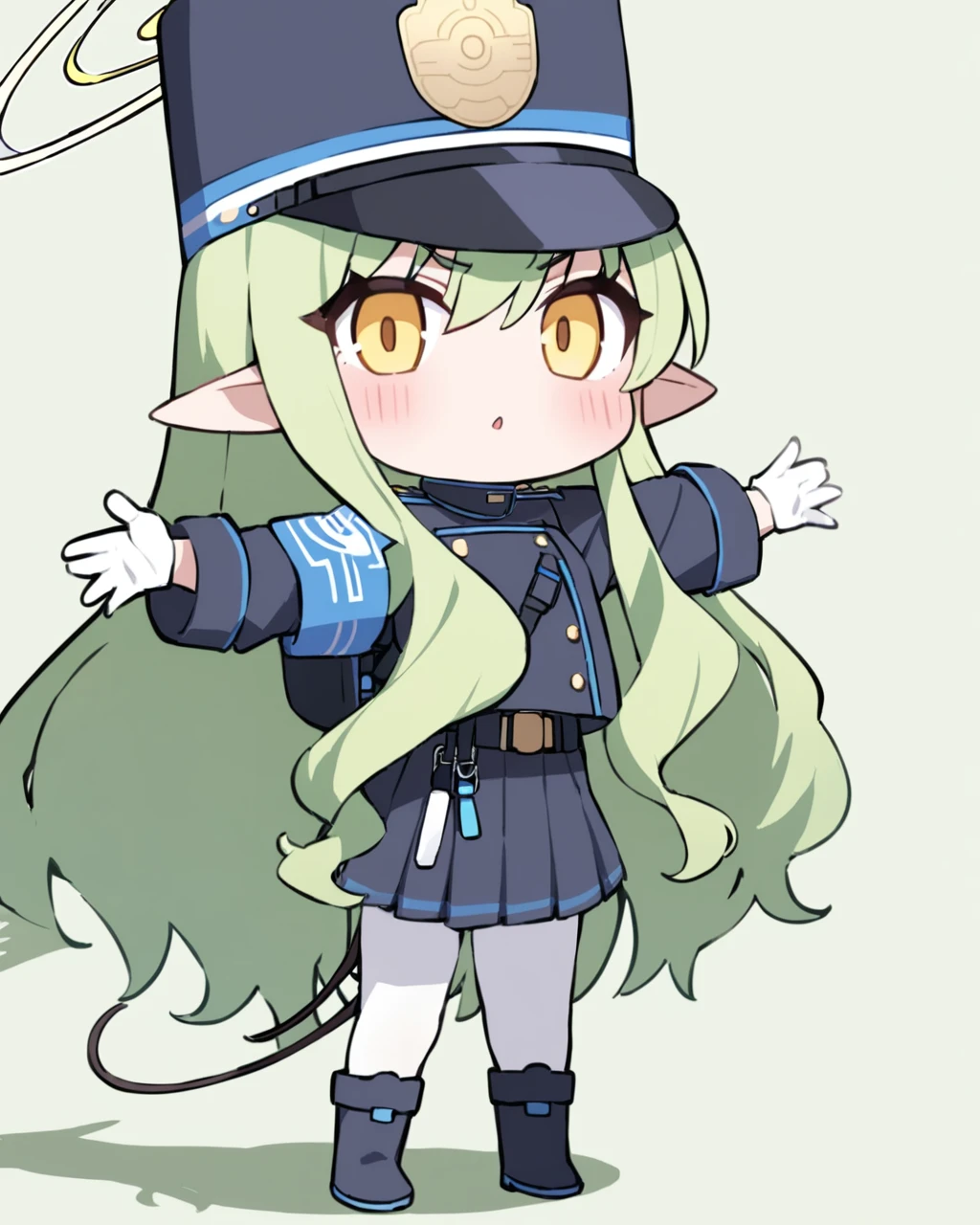 best quality,masterpiece,<lora:hikari_(blue_archive):1>,1girl,animated,belt,blush,boots,chibi,full_body,green_background,green_hair,halo,hikari_\(blue_archive\),long_hair,looking_at_viewer,making_faces,military_hat,military_uniform,multicolored_background,pantyhose,pleated_skirt,pointy_ears,shadow,sidelocks,simple_background,standing,tail_wagging,taunting,two-tone_background,video,white_background,yellow_eyes,white_pantyhose,