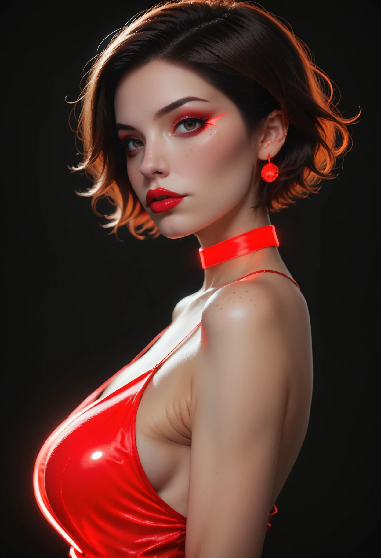 score_9, score_8_up, score_7_up,  (glowing neon red earrings), glowing neon red lipstick, glowing neon red makeup, source_photo, realistic, 1girl, solo, 21yo, Asian girl, freckles, large lips, beautiful eyes, brown eyes, brown hair, short hair, large breasts, fit girl, pale skin, ((glowing neon red dress)), (glowing neon red choker), (simple blurred background, depth of field), ((naughty expression, looking at viewer, sexy pose, from side, dynamic angle)), erotic, elegant, sensual, seductive, bright colors, high contrast, (black background), vivid lighting, zPDXL, <lora:lukethighwalkerneonponyv5:0.5>