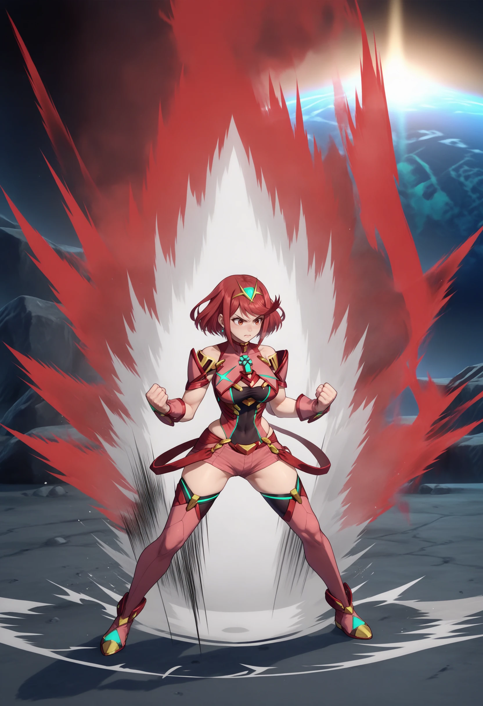 score_9, score_8_up, score_7_up, source_anime, 1girl, KI Charge, aura, full body, <lora:DBKiCharge_XLPD:1>, red aura, pyra (xenoblade), red hair, short hair, fighting stance, action pose, clenched hands, thighhighs,