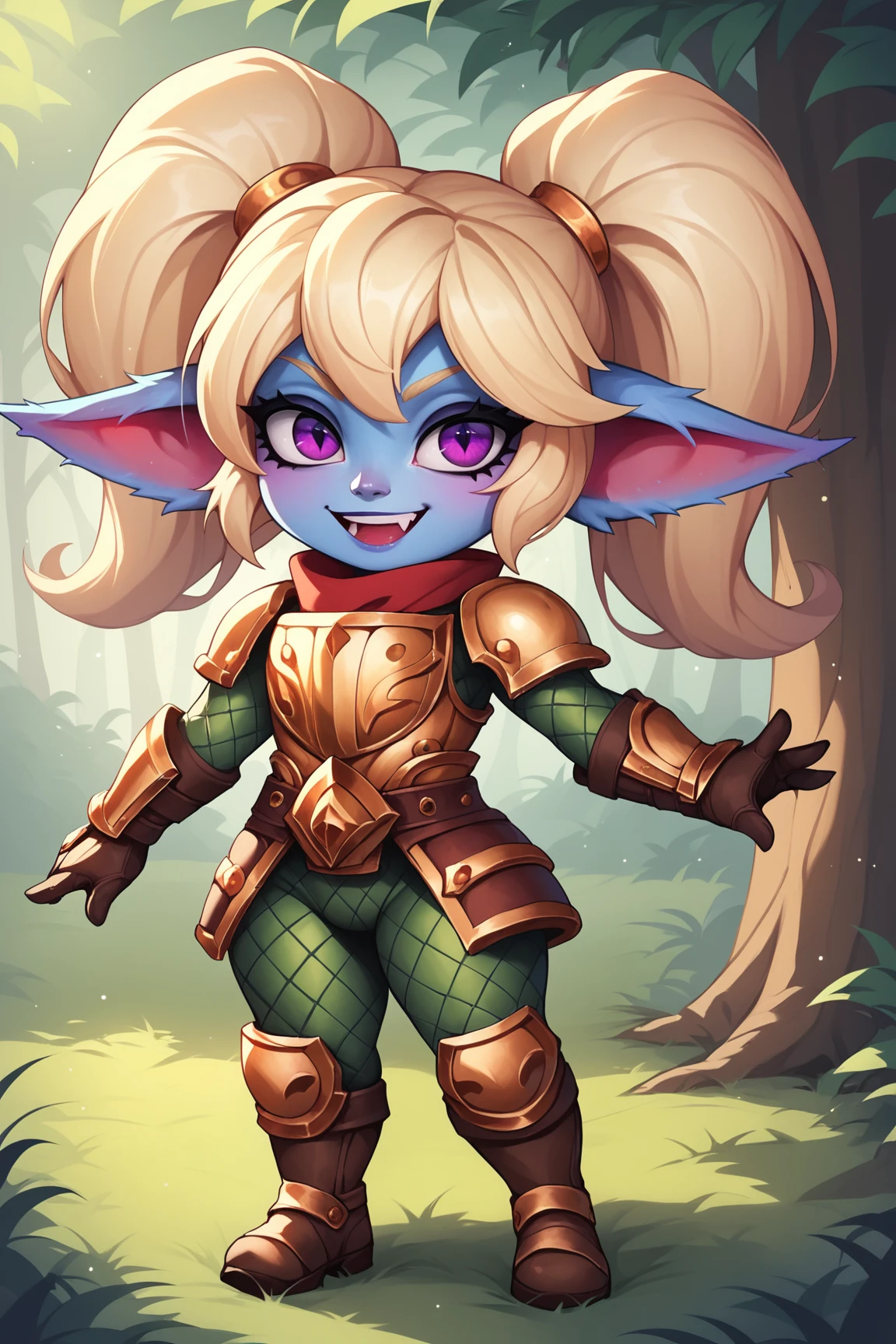 score_9, score_8_up, score_7_up, score_6_up, score_5_up, score_4_up, PoppyLoLXL, yordle, shortstack, purple eyes, blonde hair, twintails, blue skin, colored skin, golden armor,green snakeskin shirt, green snakeskin pants, brown boots, standing, dynamic pose, looking at viewer, seductive smile, forest, tree  <lora:PoppyLoLXL:0.7>