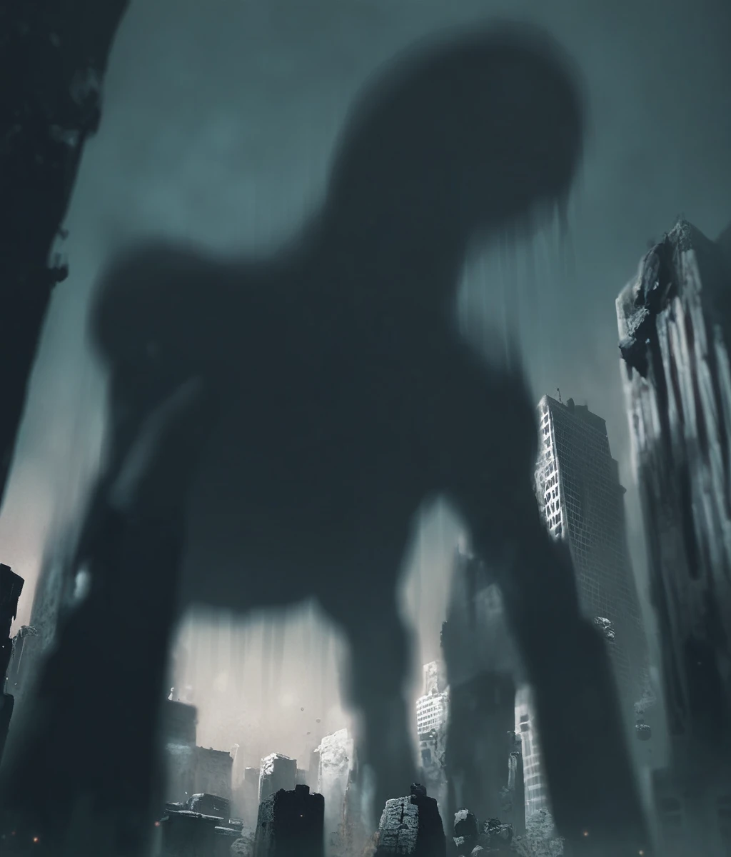 Score_9,score_8_up,score_7_up,all fours,creature,solo,no humans,colossal titan,size difference,foge,ha_ze,motion blur,blurry,city,ruins,(from below:1.2),night,dark,dreepy,horror \(theme\),3D,<lora:Horror_The_Mist:0.8>,