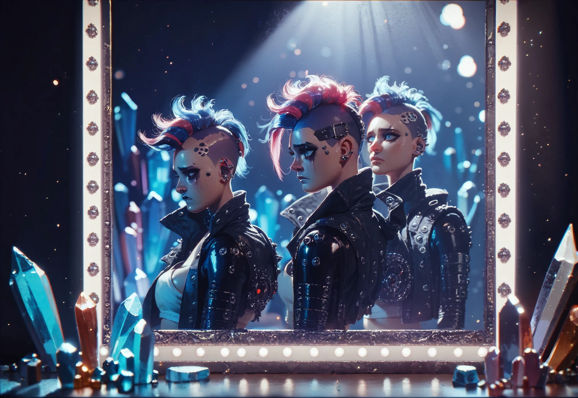 score_9, score_8_up, score_7_up, neopunk cyborg couple, night time, spotlight, luxury interieur, mirrors, crystal, shiny, cinematic, (bokeh:0.5), perfect shadows, dystopic darkness, sadness