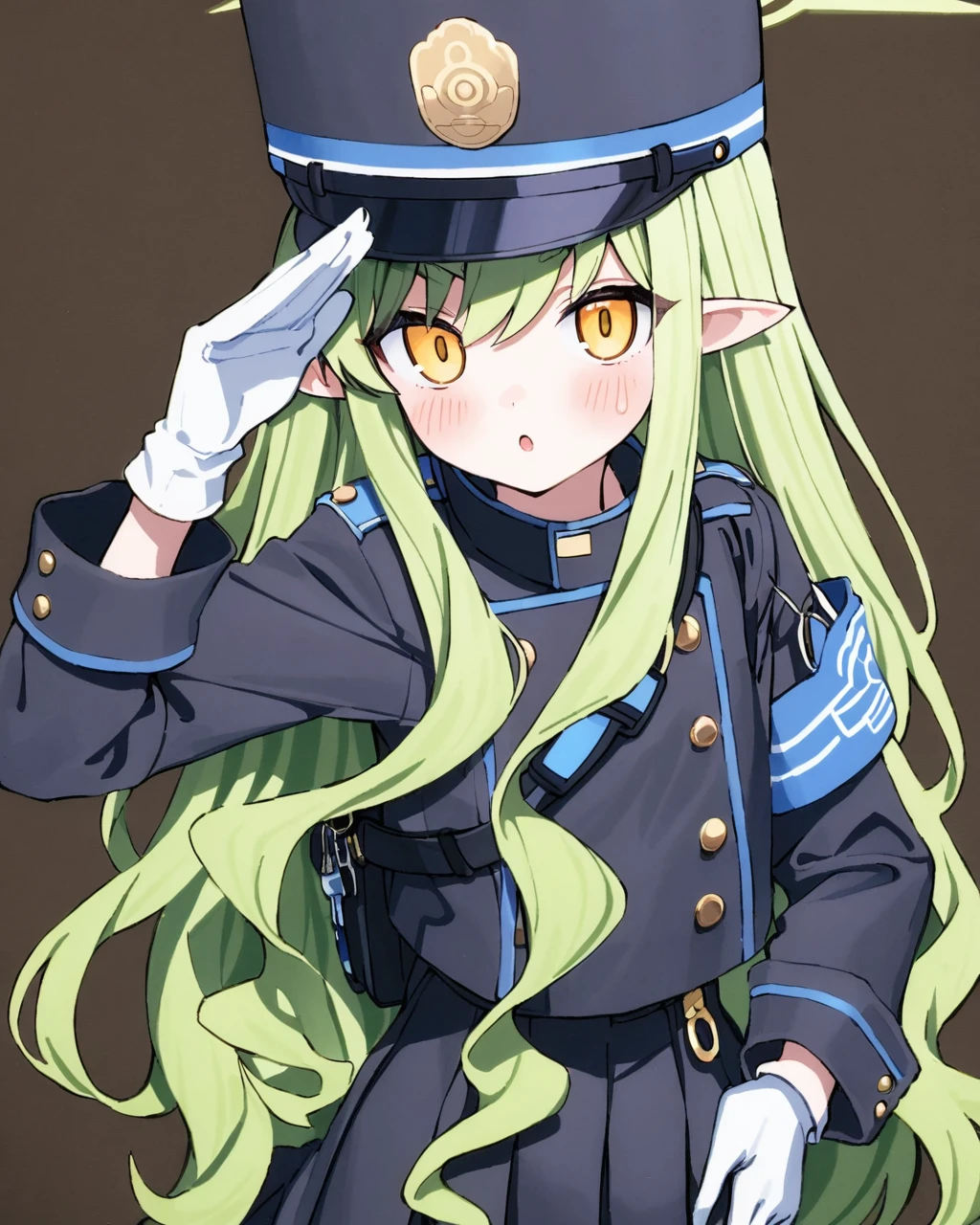best quality,masterpiece,<lora:hikari_(blue_archive):1>,1girl, :o, black_hat, blue_armband, blush_stickers, cowboy_shot, dot_nose, double-breasted, green_hair, green_halo, hair_between_eyes, hand_on_headwear, hand_on_own_hip, highres, hikari_\(blue_archive\), long_sleeves, looking_at_viewer, marker_\(medium\), parted_lips, peaked_cap, pleated_skirt, pointy_ears, satchel, sidelocks, simple_background, solo, uniform, very_long_hair, white_gloves, yellow_eyes