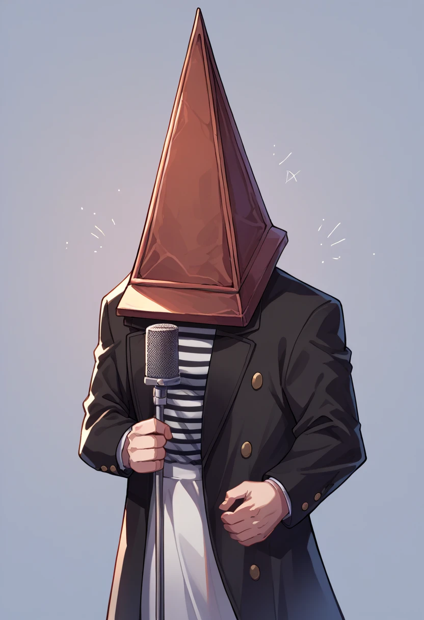score_9, score_8_up, source_anime, PyramidHead, helmet, <lora:ChamPyramidHeadPonyXL:1> <lora:NeverGonnaGiveYouUp_XLPD:1.0> IncrsNeverGonnaGiveUUp, looking at viewer, open mouth, microphone stand, upper body, black jacket, striped shirt, suit, open jacket