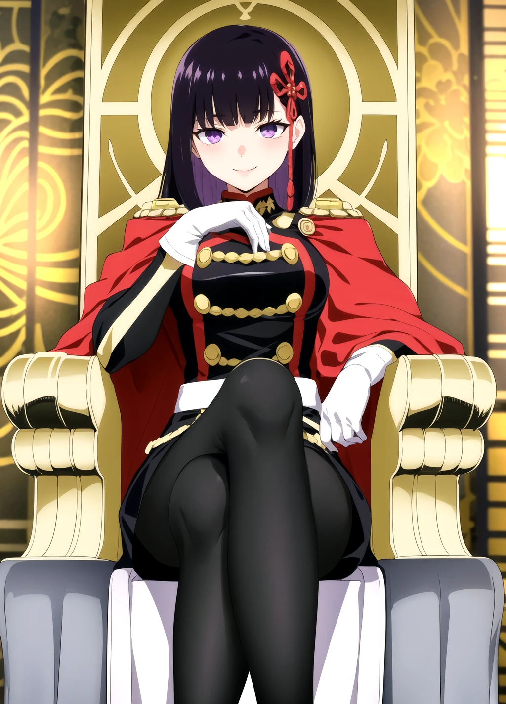 purple eyes, Ren43Yamashiro, purple hair, 1girl, solo, crossed legs, sitting, gloves, pantyhose, long hair, white gloves, black hair, looking at viewer, smile, throne, uniform, black pantyhose, hair ornament, epaulettes, chair, cape  <lora:Ren Yamashiro anylora30r42r-000006:0.7>