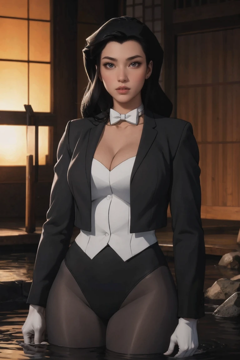 masterpiece, best quality, high quality, highres, wading,looking at viewer,solo,water, sunset, onsen, wisteria,moody lighting, BREAK, 
CARTOON_DC_YJ_Zatanna_ownwaifu, www.ownwaifu.com, 
1girl, black hair, long hair, breasts, lipstick, red lips, makeup, blue eyes, medium breasts, collarbone, lips, 
cleavage, bow, white bow, white choker, white gloves, black jacket, leotard, pantyhose, formal, detached collar, suit, open jacket, white leotard, coattails, black pantyhose, 
<lora:CARTOON_DC_YJ_Zatanna_ownwaifu-15:0.8>