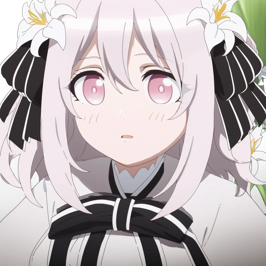 Lily Hanazono, hair between eyes, gray hair, Medium hair,light pink eyes, hair ornament, hair ribbon, black ribbon, hair ornament, white flower ornament, sidelocks,