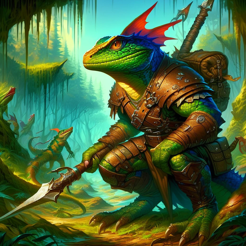 score_9, score_8_up, score_7_up, lizardfolk warrior, leather clothing, detailed forest background, forest path, spear holding weapon