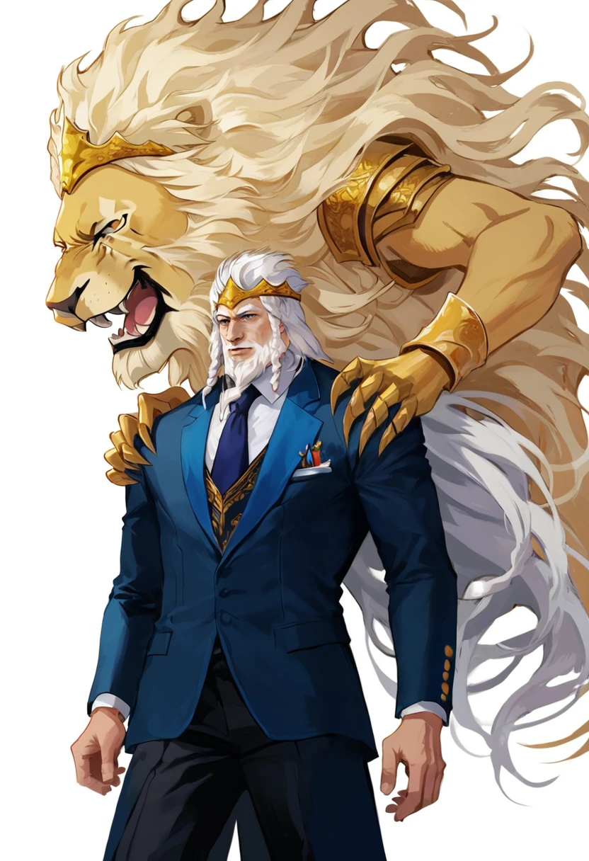 masterpiece,best quality,highly detailed,score_9,score_8_up,score_7_up,score_6_up,source anime,
BREAK
1boy,suit,white hair,crown,beard,white background,cowboy shot,lion,claws,golden lion,hands on another's shoulders, 
<lora:GodrickPony1.0:0.8>,