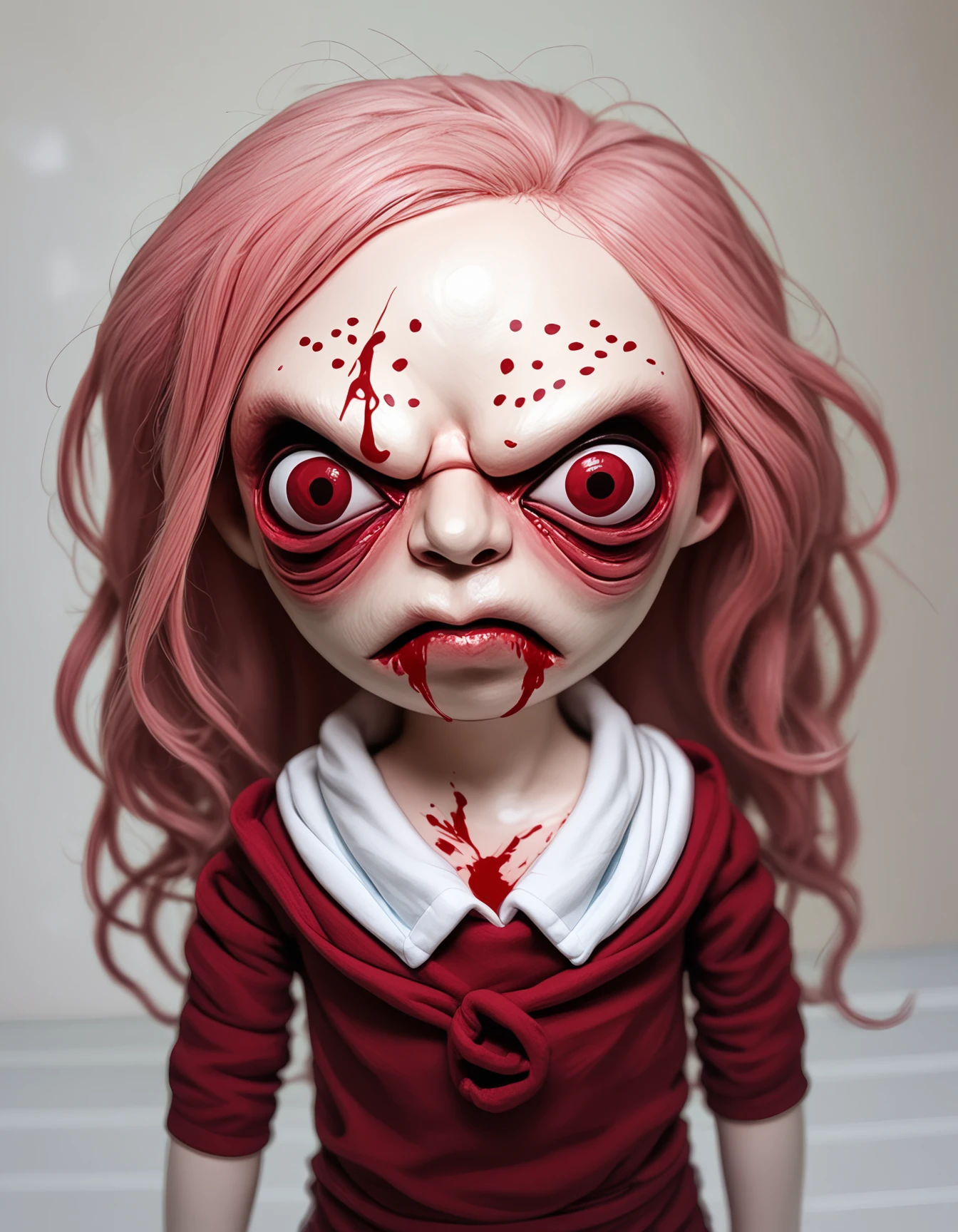 score_9, score_8_up, score_7_up, score_6_up, score_5_up, score_4_up,  
moodymisfits, (creepy doll:1.15),serious expression, angry, blood on face, (horror:1.15),looking at the viewer,  
lavagirl,long_hair,pink_hair,red_bodysuit,red_ey blood coming out of chest crying face




 