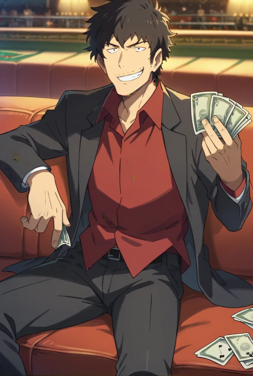 score_9, score_8_up, keisuke suga, 1boy, solo, black hair, messy hair, stubble, formal suit, black jacket, red shirt, black pants, smirk, sitting, couch, casino, money, cards