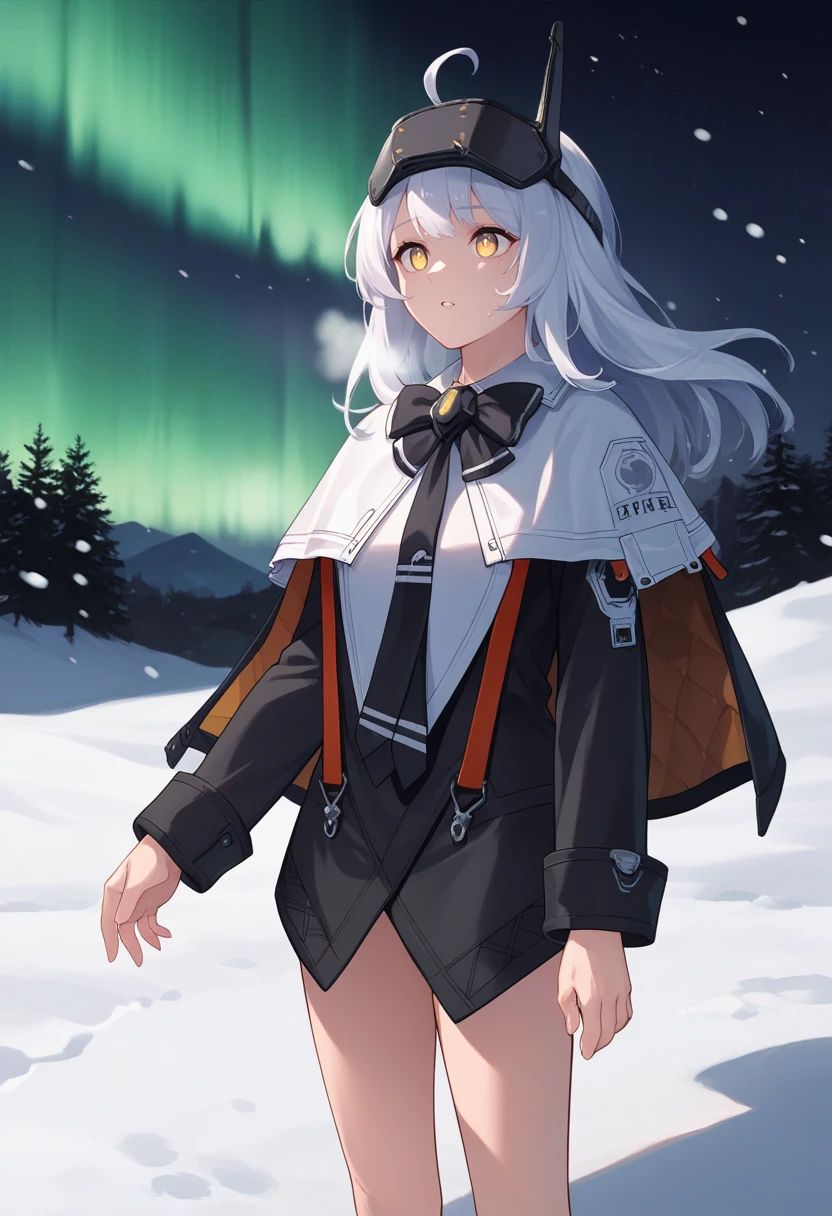 score_9, score_8_up, score_7_up, source_anime, BREAK 1girl, solo, <lora:snowwhite-nikke-richy-v1_pdxl:0.8> swpre, white hair, long hair, ahoge, yellow eyes, headgear, bow, necktie, white capelet, black dress, long sleeves, suspenders, standing, outdoors, parted lips, cold, winter, snow, dark, darkness, black background, aurora, night, night sky