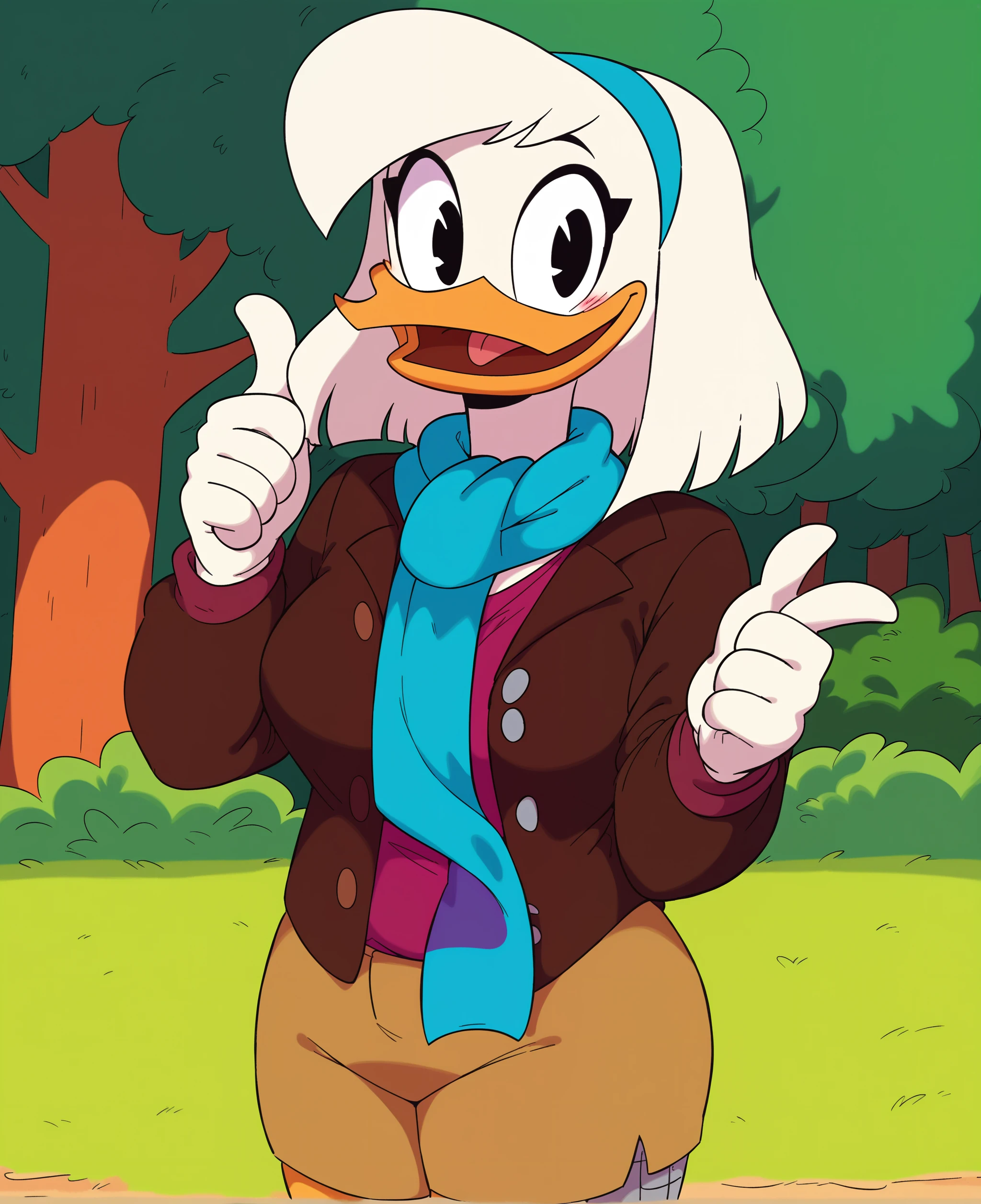 score_9, score_8_up, score_7_up, score_6_up, best quality, highres, source_furry, BREAK
ppp:0.7 drockdraw BREAK
1girl, outside, grass, tree, mature female, solo, furry, duck, della duck, beak, white skin, white body, white hair, shoulder length hair, hair band, smile, suit jacket, bomber jacket, teal scarf, tan shorts, black eyes, thumbs up, looking at viewer, orange legs, cybernetic leg, standing, happy, smile, blush, looking at viewer, open smile, tongue, breasts, looking at viewer, <lora:Drockdraw_Style:0.7> < <lora:Della_Duck:0.7>