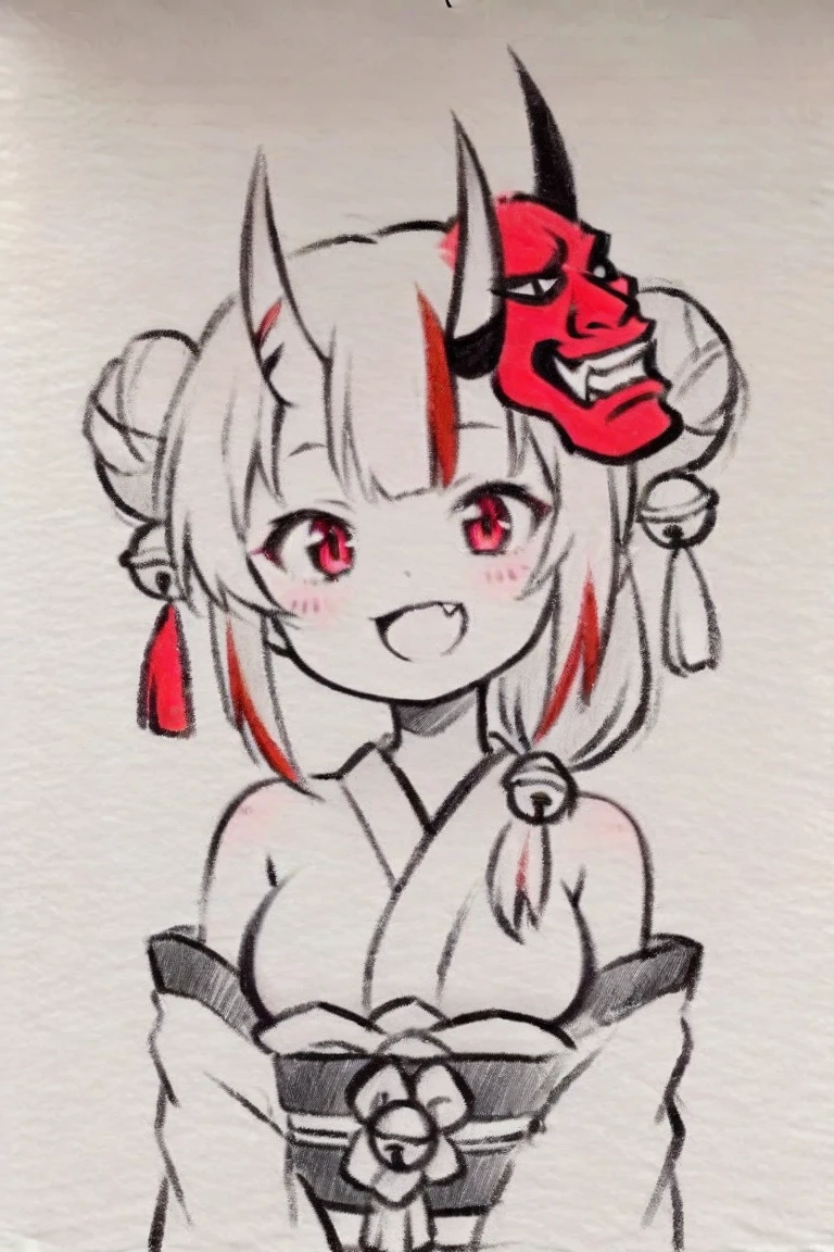 traditional media, monochrome, greyscale,masterpiece, best quality, 1girl, solo, bell, hair bell, virtual youtuber, nakiri ayame, long hair, horns, red eyes, hair ornament, double bun, hair bun, smile, mask, white hair, oni horns, oni mask, upper body, multicolored hair, blush, white background, open mouth, jingle bell, japanese clothes, mask on head, red hair, bare shoulders, kimono, simple background, streaked hair, holding, off shoulder, bangs, :d, tassel, oni, breasts, fang