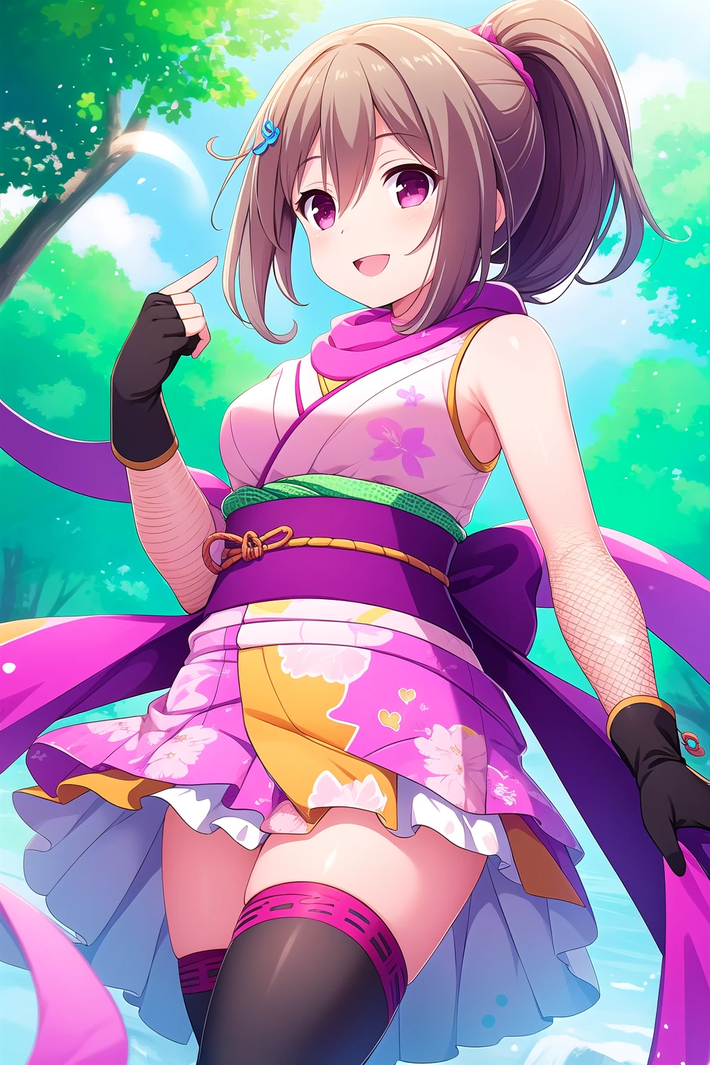(masterpiece, best quality), highly detailed background, perfect lightingbest quality, kazemachiharuka, solo, outdoors, nature, ninja, light brown hair, ponytail, hair between eyes, short hair, pink eyes, medium breasts, pink scarf, pink kimono, sleeveless kimono, short kimono, bare shoulders, floral print, black gloves, elbow gloves, fingerless gloves, japanese clothes, black thighhighs, fishnet thighhighs, smile, open mouth, :d, pink lips, <lora:Kazemachi-Haruka-2-10:0.7>