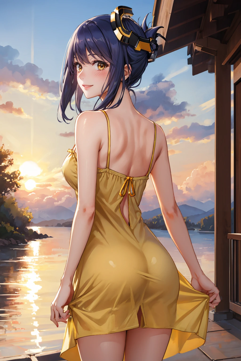 masterpiece, best quality, <lora:atluca-nvwls-v1:0.9> atLuca, folded ponytail, hair ornament, (yellow sundress:1.25), from behind, sunset, smile, blush