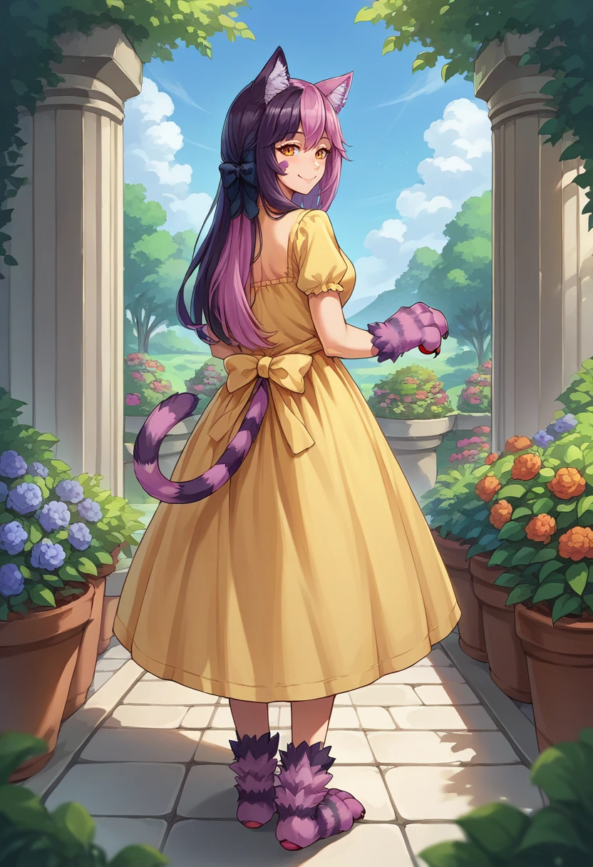 score_9, score_8_up, source_anime, 1girl, solo, CheshireMGE, two-tone hair, long hair, hair bow, cat paws, facial mark, striped tail, from behind, yellow sundress, garden, day, sunshine, smile, looking back, <lora:ChamCheshireCatPonyXL-000004:1>
