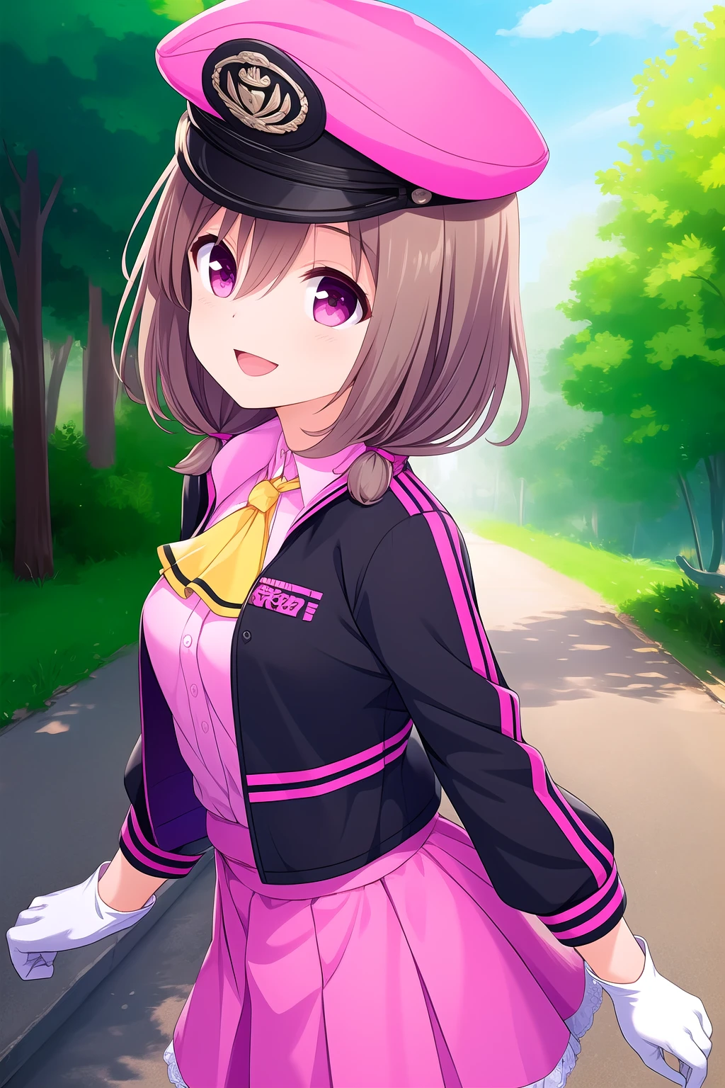 (masterpiece, best quality), highly detailed background, perfect lightingbest quality, kazemachiharuka, solo, outdoors, nature, peaked cap, black headwear, light brown hair, hair between eyes, low twintails, short hair, pink eyes, medium breasts, black jacket, cropped jacket, ascot, open jacket, pink shirt, long sleeves, white gloves, pink skirt, smile, open mouth, :d, pink lips, <lora:Kazemachi-Haruka-2-10:0.7>