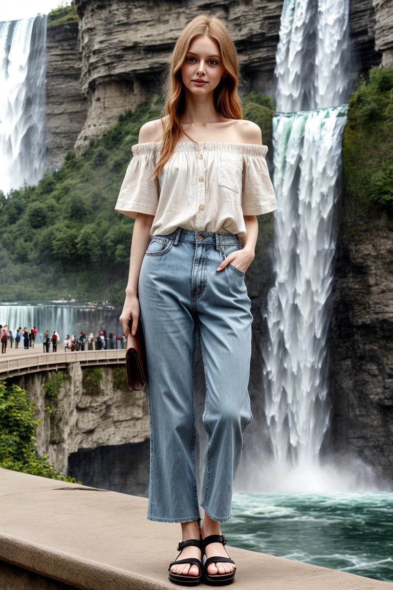 <lora:kawaii7.1.3_obj20:0.75:0.25>, European woman, closeup, sandals, (shirt), pants, (niagara falls), ZM_melissa, wide shoulders, perfect face, (contact iris: 1.1), pale skin, skin pores , depth of field