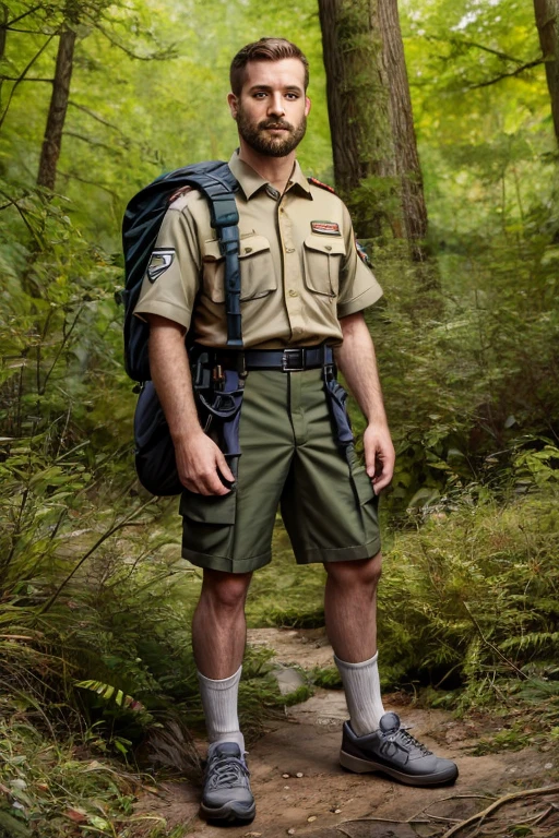 cinematic photo of 45 year old lanky scoutmaster wearing a BREAK beige scoutmaster uniform outfit BREAK and BREAK long green socks BREAK with BREAK skechers hiking shoes BREAK, american romanticism, by Benjamin Marra , ((transgressive)) <lora:bsd:.7>