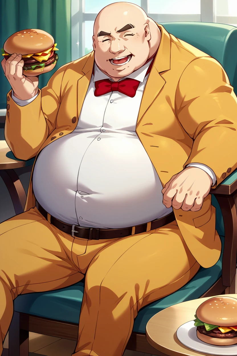 score_9, score_8_up, score_7_up, score_6_up, source_anime, BREAK male focus, solo <lora:p5kobayakawa-pdxl-nvwls-v1-000005:1> p5principal, fat man, obese, bald, yellow jacket, formal, white shirt, red bow tie, belt, yellow pants, sitting, table, chair, holding, (huge burger:1.25), giant burger, closed eyes, open mouth, happy