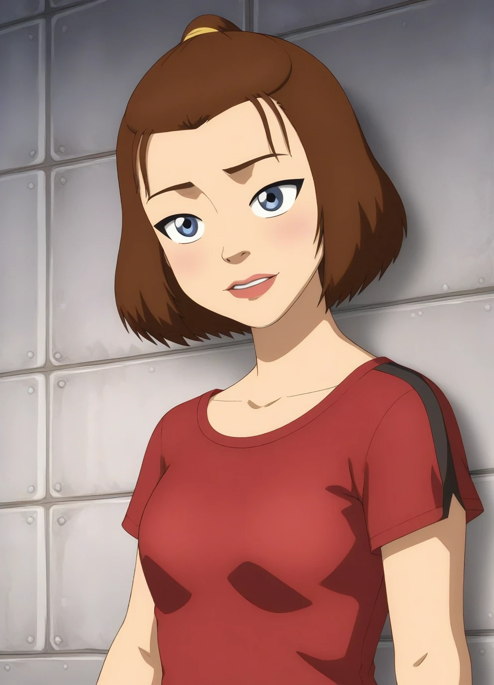 score_9, score_8_up, score_7_up,1girl,sukiXL,brown hair,blue eyes,short hair,detailed face,masterpiece,best quality,wearing a red shirt, <lora:sukiXL:1>