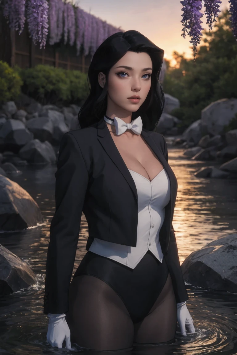 masterpiece, best quality, high quality, highres, wading,looking at viewer,solo,water, sunset, onsen, wisteria,moody lighting, BREAK, 
CARTOON_DC_YJ_Zatanna_ownwaifu, www.ownwaifu.com, 
1girl, black hair, long hair, breasts, lipstick, red lips, makeup, blue eyes, medium breasts, collarbone, lips, 
cleavage, bow, white bow, white choker, white gloves, black jacket, leotard, pantyhose, formal, detached collar, suit, open jacket, white leotard, coattails, black pantyhose, 
<lora:CARTOON_DC_YJ_Zatanna_ownwaifu-15:0.7>