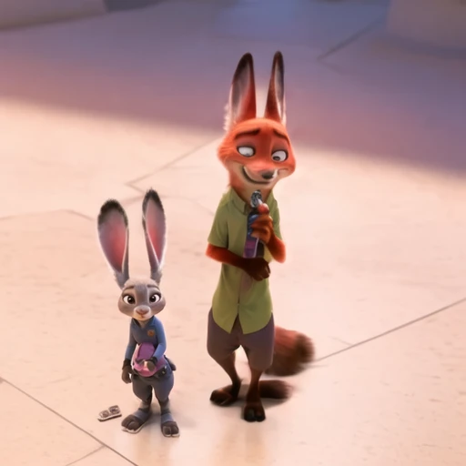 zootopia, rabbit giving a carrot to a fox<lora:Zootopia_Style_SD1.5:1.0>