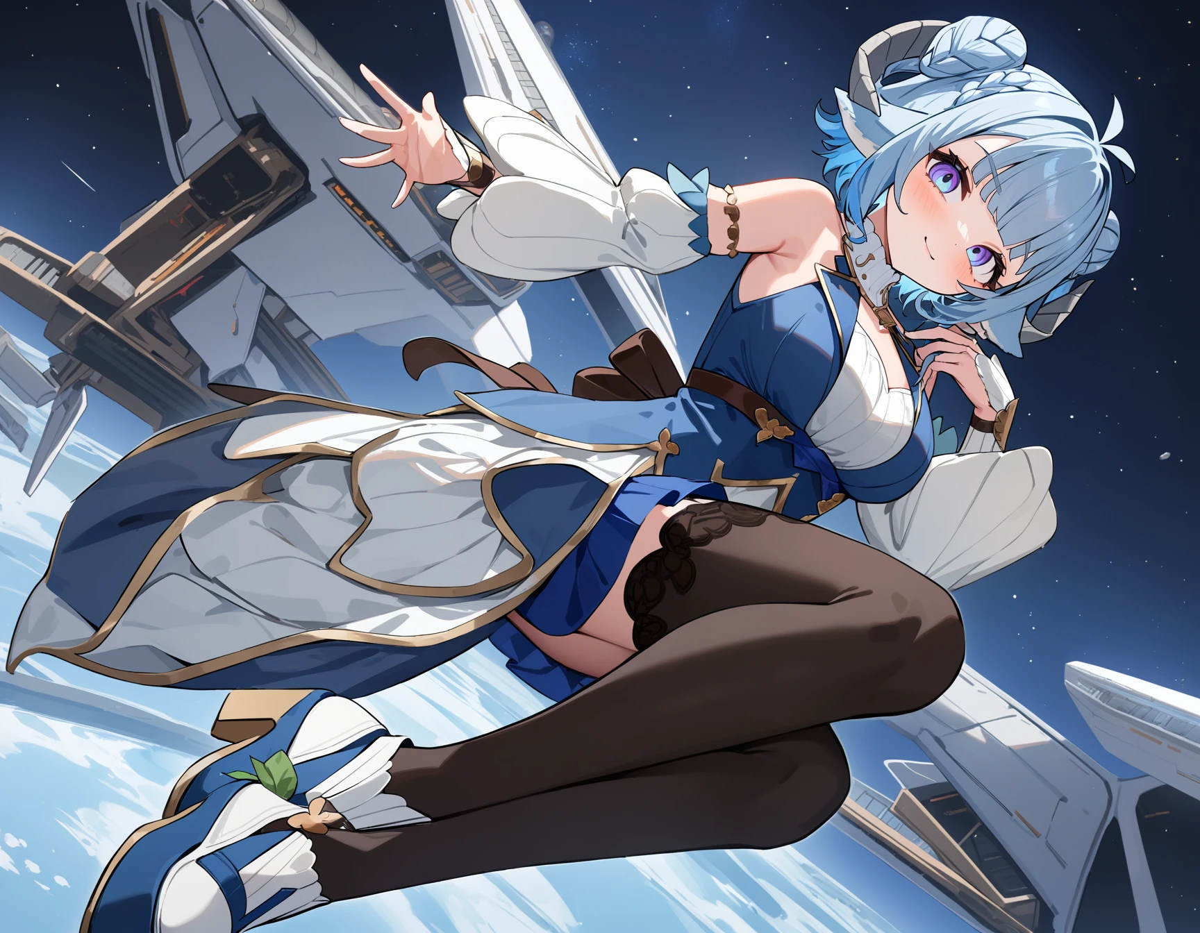 1girl, (MinaiAruma:1), waistcoat, detached sleeves, black thighhighs,
light smile, doyagao, looking at viewer, arm up, shoes,
full body, highly detailed background, (dutch angle:1), (spacecraft:0.8), space,
<lora:MinaiArumaXL_animagine3:1>, masterpiece, newest, absurdres