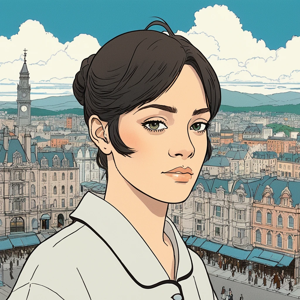 Studio ghibli style illustration of the face of a woman looking at the viewer with a victorian city square in the background, rixhnna,   <lora:rihanna_juggerX_xl_1_st_wocap-rixhnna-000085:1>