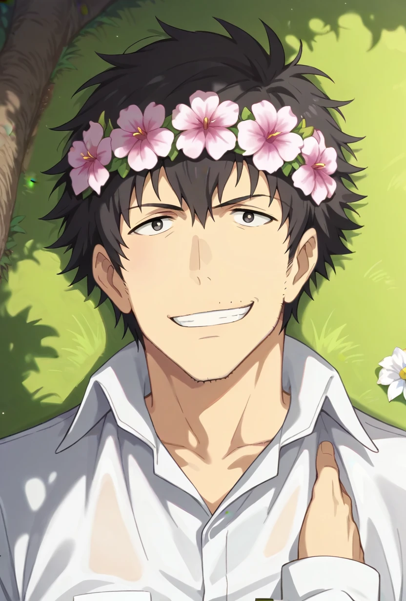 score_9, score_8_up, keisuke suga, 1boy, solo, black hair, messy hair, flower crown, stubble, white shirt, black pants, lying down, grin, looking at viewer, park, grass, from above