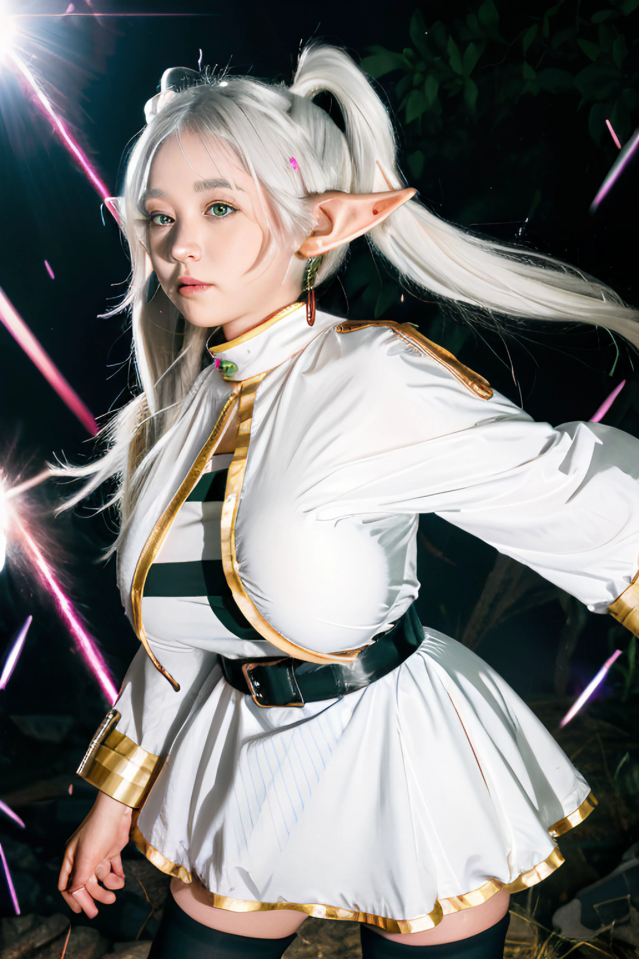 1girl,(gigantic breasts:1.35),white capelet,long sleeves,dress,strape,pantyhose,earrings,white hair,long hair,twintails,green eyes,pointy ears,looking at viewer, fighting stance,cute appearance,magic background,glowing magic beam,<lora:Frieren:0.95>