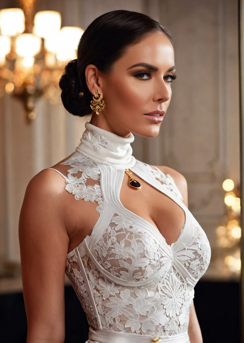 glamorous photo of a captivating masterpiece of an woman in a (((white neckholder dress with turtleneck and cleavage))) ,long earrings, necklace, half body, The intricate lace and gold details exude a very rebellious aura. ((The use of high-shine gloss adds a touch of glamour to the look)), ((while the deep red and black hues give it a dramatic vibe)), blurred background, studio ligthing, facing camera, shallow depth of field, <lora:MS_VenusValencia_V1_SDXL:0.8>, high fashion, luxurious, extravagant, stylish, sensual, opulent, elegance, stunning beauty, professional, high contrast, detailed,