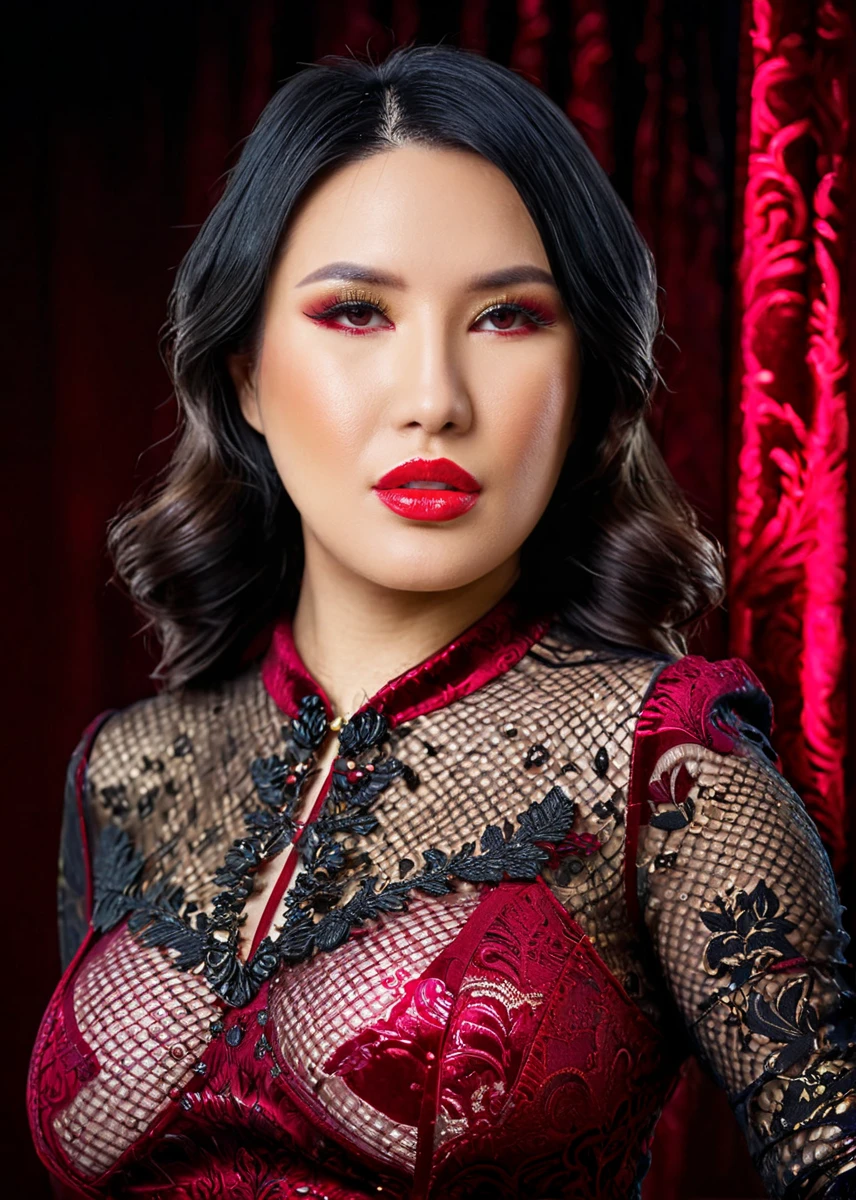a captivating masterpiece of an woman, half body, The intricate lace and gold details exude a very rebellious aura. ((The use of high-shine gloss adds a touch of glamour to the look)), ((while the deep red and black hues give it a dramatic vibe)), blurred background, studio ligthing, facing camera, shallow depth of field, <lora:MS_SukiSin_V1_SDXL:1>