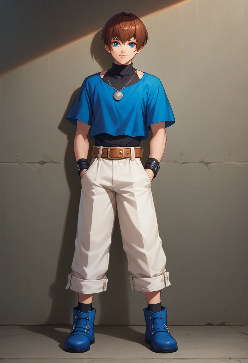 score_9, score_8_up, score_7_up, masterpiece, best quality, amazing quality, best aesthetic, ,absurdres,cute, chris_kof, brown hair, blue eyes, black shirt, sleeveless turtleneck, blue crop top, white pants, blue boots, black wristband, necklace, belt, black socks, solo<lora:EMS-370857-EMS:1.000000>