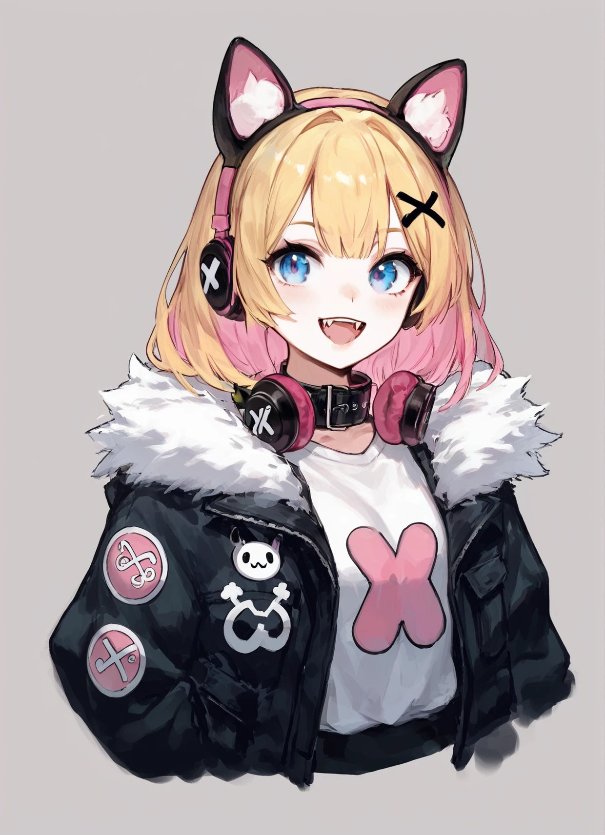 score_9,score_8_up,score_7_up,source_anime,BREAK mococo abyssgard,1girl,:3,animal ears,bandaid hair ornament,black collar,black jacket,blonde hair,blue eyes,fangs,fur trim,headphones around neck,looking at viewer,multicolored hair,open mouth,pink hair,pink hairband,smile,white shirt,x hair ornament,cropped shirt,cropped jacket,portrait,arms behind back,<lora:tpony-style-v1-000100pn3:0.8>,