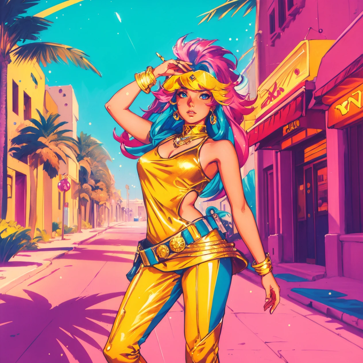 8k wallpaper of a beautiful anime adventurer girl wearing gold jewelry in the streets of a city in the Western Sahara, by Artgerm, intricate detail, trending on ArtStation, 8k, fluid motion, stunning shading, hud_jem_boxart, colorful retro artstyle, colorful background, neon, palm trees, <lora:jem_style_sd15-000007:0.75>