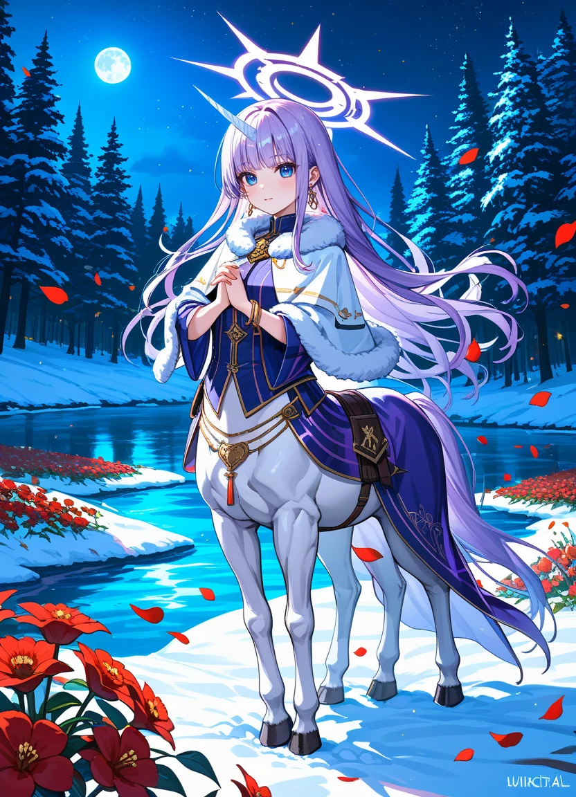 score_9, score_8_up, score_7_up ,source_anime, masterpiece, best quality, perfect anatomy , very aesthetic , absurdres ,intricate detailed, ultra-detailed illustration ,BRAKE
((female centaur unicorn, half girl, half horse , 2arms and 4legs )) , silky hair,long hair, long horse tail ,maigcal forest,((night,lowlight,darkness)),bottomless,floating petals,flower,colored shadow,light particles, red flower,light purple hair,(tattoo),white witch cape,fur cape,purple armor,druid,belly chain, earrings,bracelet,snow,river,blue eyes,long bangs,((white unicorn horn)),shirt,own hands clasped, ,halo,praying