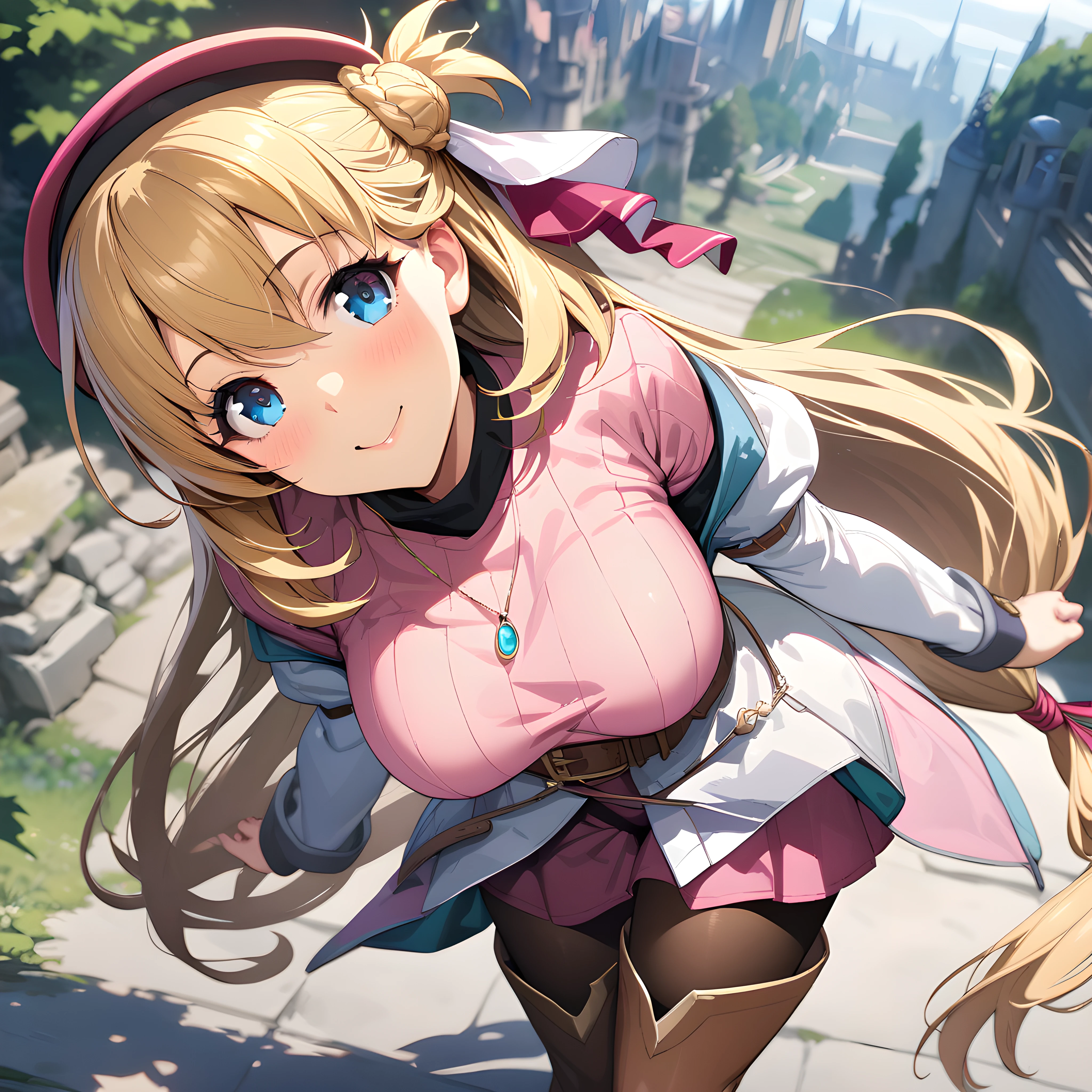 (masterpiece),(best quality),(ultra-detailed),(best illustration),(best shadow),(absurdres),(detailed background),(very aesthetic),agnes claudel, blonde hair, long hair, low-tied long hair, hair ribbon, blue eyes, large breasts, beret, white coat, pink turtleneck dress, necklace, belt, pink skirt, pantyhose, brown boots, thigh boots, <lora:XL-AgnesClaudelv1:1>