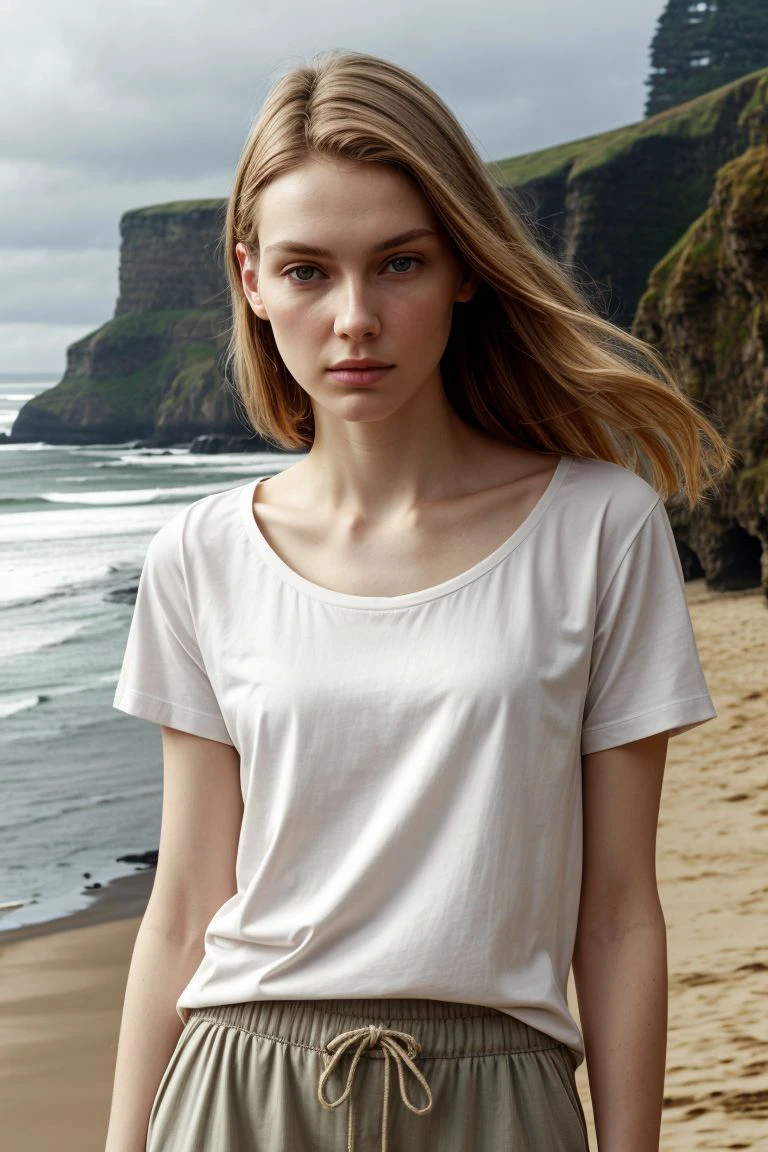 <lora:kawaii7.1.3_obj20:0.75:0.25>, European woman, closeup, sandals, (shirt), pants, (oregon coast), ZM_amelia, wide shoulders, perfect face, (contact iris: 1.1), pale skin, skin pores , depth of field