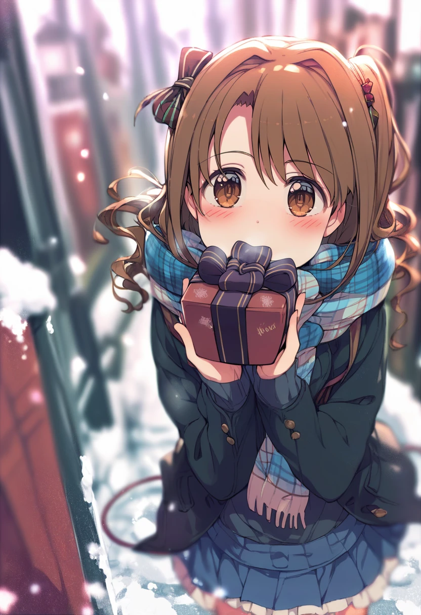 score_9, score_8_up, score_7_up, score_6_up, <lora:ogipoteXL_P6_lokr_V42310:0.95> 1girl, shimamura uzuki, solo, long hair, brown hair, scarf, gift, brown eyes, looking at viewer, one side up, blush, skirt, outdoors, plaid scarf, holding gift, gift box, holding, box, plaid, bow, hair bow, valentine, sweater, blurry, cable knit, long sleeves, open clothes, blue scarf, snow, depth of field