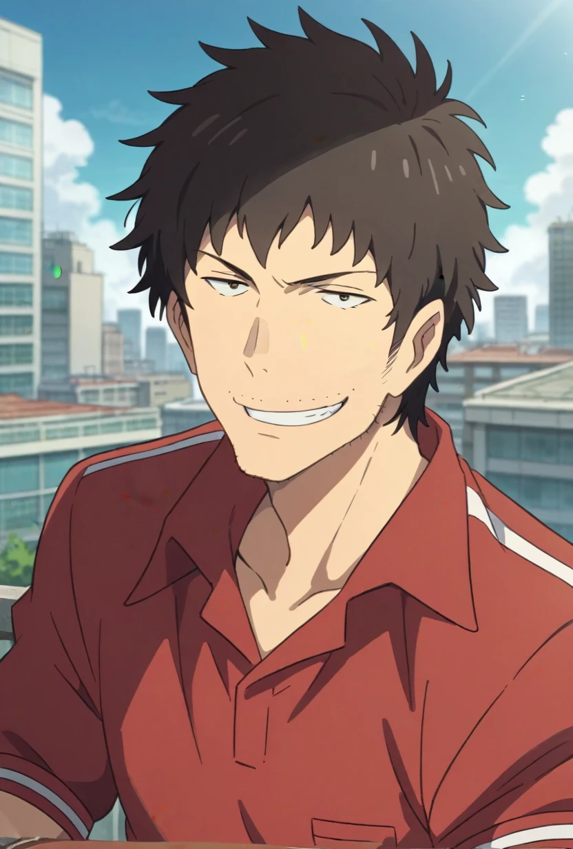 score_9, score_8_up, keisuke suga, 1boy, solo, black hair, messy hair, brown eyes, stubble, smirk, roof, outdoors, city, looking at viewer