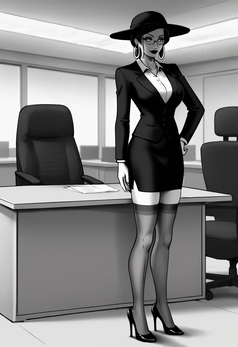 Hachishakusama, fullbody shot,  black and white, <lora:Hachishakusama style v1.0:0.8>, indoor, office, office lady,  tall woman, darker face, shadow, makeup, black lips, glowing eyes, dark face, shadow on eyes, desk, paperwork, black hat, hat, hair bun, makeup, perfect eyes, perfect face, detailed face, hoop earrings, glasses, formal, office lady, suit, pencil skirt, thighhighs, high heels,