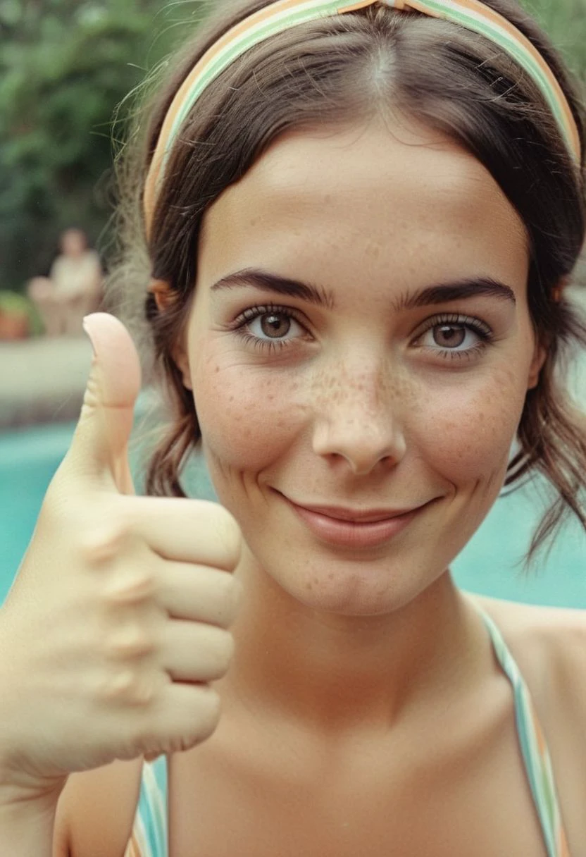 Big lebowsky film Style photography, pureerosface_v1 Closeup, thumb-up, Vintage Photo of an 70s brunette Slender Hippie Woman in striped pastel-neon swimsuit, Shirt Hair, smokey Haze, Freckles, headband, Pool and 70s Garden in Background with an elephant, thumb up pose,
very detailed, hd, RAW photograph, masterpiece, top quality, best quality, official art,highest detailed, atmospheric lighting, cinematic composition, high quality , (8k, RAW photo, highest quality),